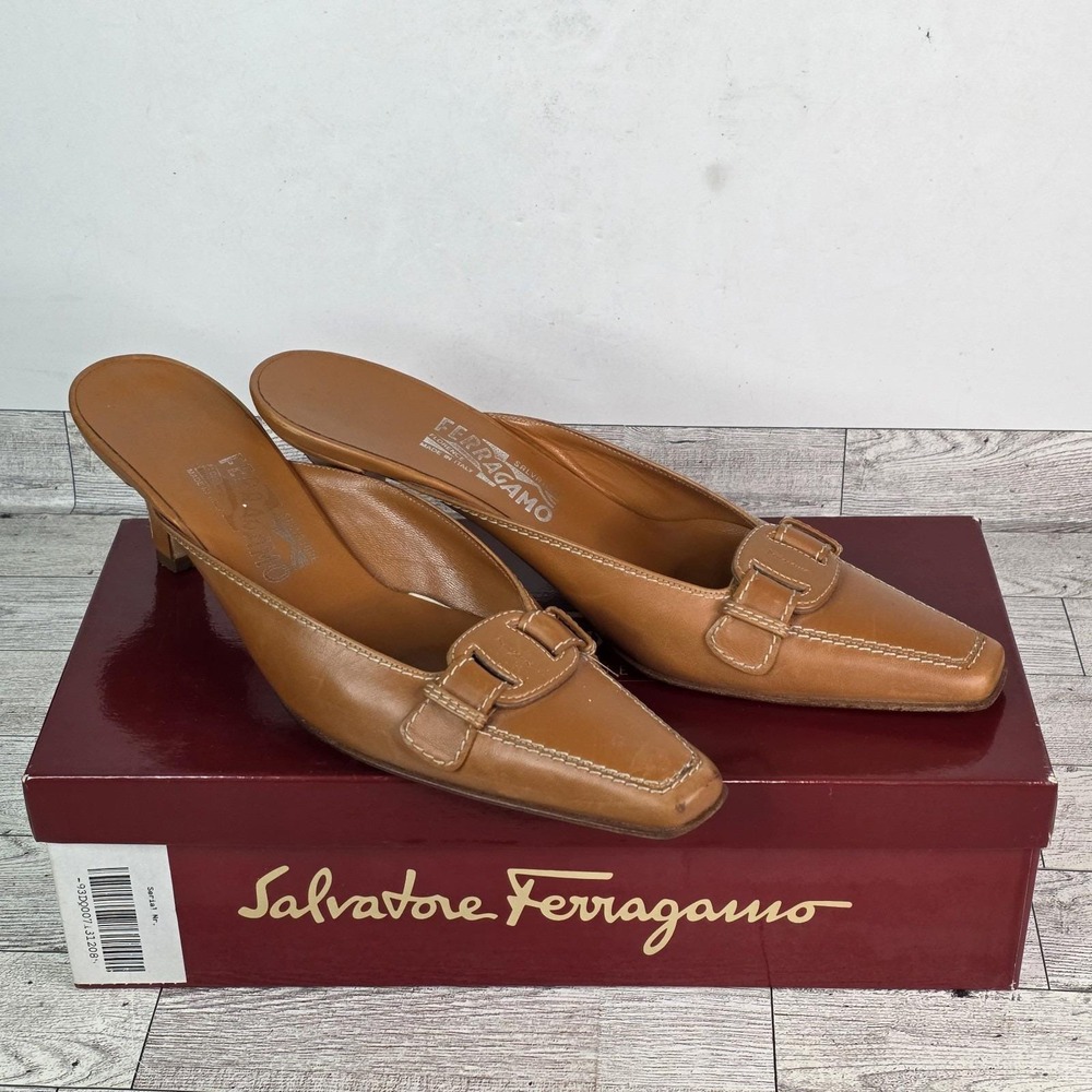 Salvatore Ferragamo Lilea Savana Leather Mule Pump Square Toe Y2K 8.5 Tan-READ